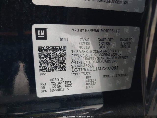 Aukcja sprzedaży 2021 Gmc Sierra 1500 4wd  Short Box At4, vin: 1GTP9EEL1MZ207003, numer aukcji: 45846329