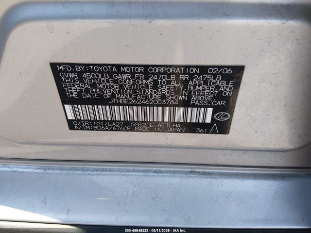 45846332 :رقم المزاد ، JTHBE262462003784 vin ، 2006 Lexus Is 350 مزاد بيع