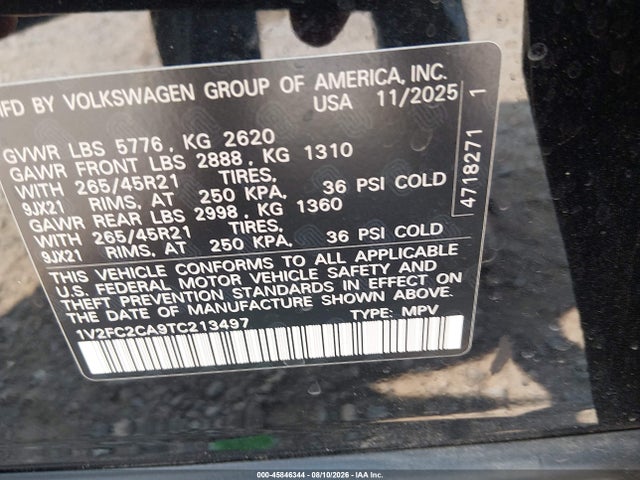 45846344 :رقم المزاد ، 1V2FC2CA9TC213497 vin ، 2026 Volkswagen Atlas Cross Sport Sel Premium R-line مزاد بيع