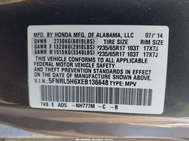 Honda Odyssey Ex-l 2014 5FNRL5H6XEB136648 Image 9