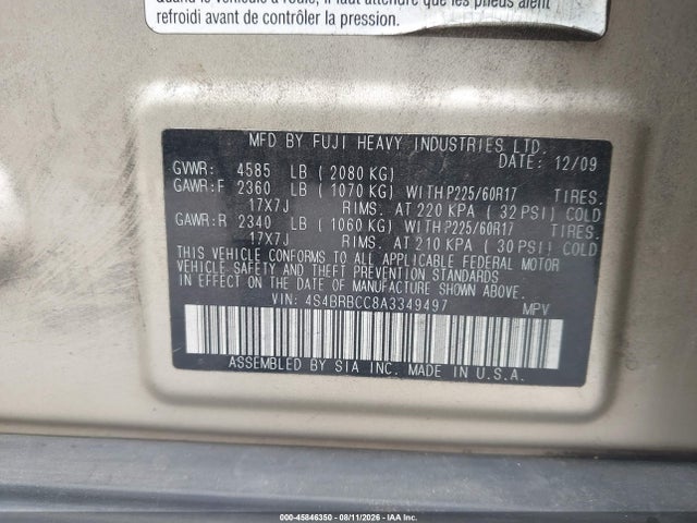 Продаж на аукціоні авто 2010 Subaru Outback 2.5i Premium, vin: 4S4BRBCC8A3349497, номер лоту: 45846350