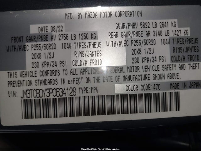 Продаж на аукціоні авто 2023 Mazda Cx-9 Carbon Edition, vin: JM3TCBDY3P0634128, номер лоту: 45846354