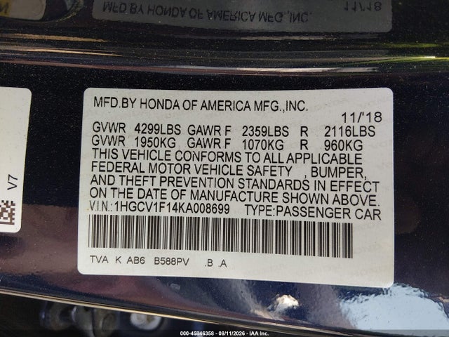 Продаж на аукціоні авто 2019 Honda Accord Lx, vin: 1HGCV1F14KA008699, номер лоту: 45846358