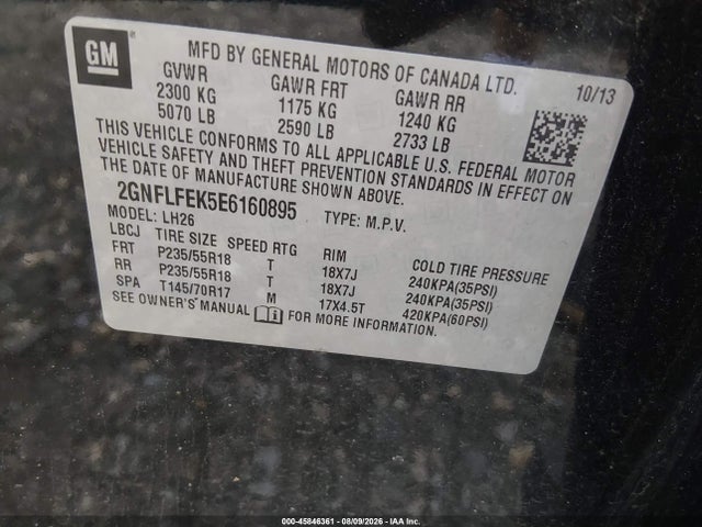 2014 Chevrolet Equinox Lt მანქანა იყიდება აუქციონზე, vin: 2GNFLFEK5E6160895, აუქციონის ნომერი: 45846361