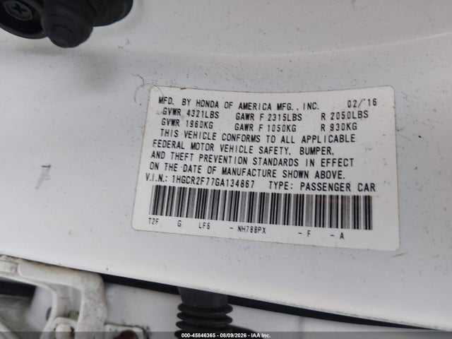Продажа на аукционе авто 2016 Honda Accord Ex, vin: 1HGCR2F77GA134867, номер лота: 45846365