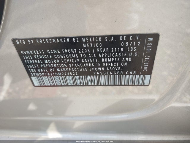 2013 Volkswagen Jetta 2.5l Se მანქანა იყიდება აუქციონზე, vin: 3VWDP7AJ1DM224522, აუქციონის ნომერი: 45846368