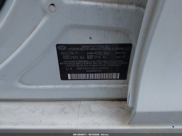 Продажа на аукционе авто 2012 Hyundai Sonata Gls, vin: 5NPEB4AC8CH428194, номер лота: 45846371
