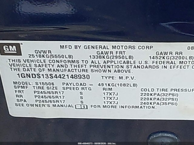 2004 Chevrolet Trailblazer Lt მანქანა იყიდება აუქციონზე, vin: 1GNDS13S442148930, აუქციონის ნომერი: 45846373