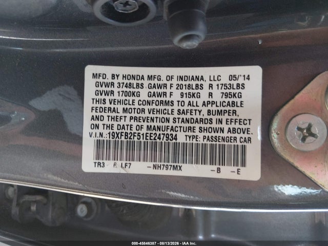 45846387 :رقم المزاد ، 19XFB2F51EE247934 vin ، 2014 Honda Civic Lx مزاد بيع