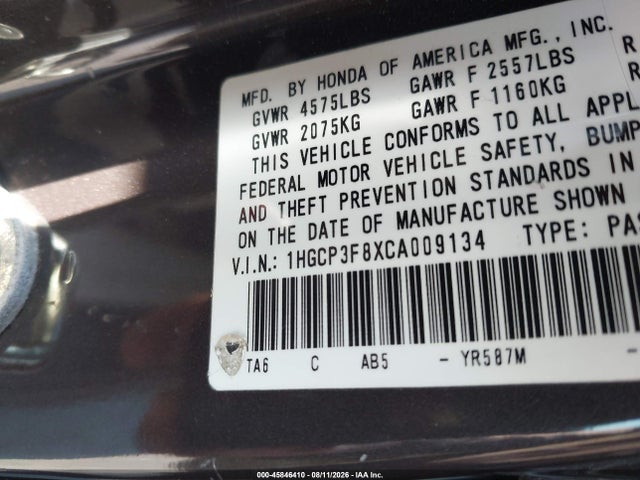 45846410 :رقم المزاد ، 1HGCP3F8XCA009134 vin ، 2012 Honda Accord 3.5 Ex-l مزاد بيع