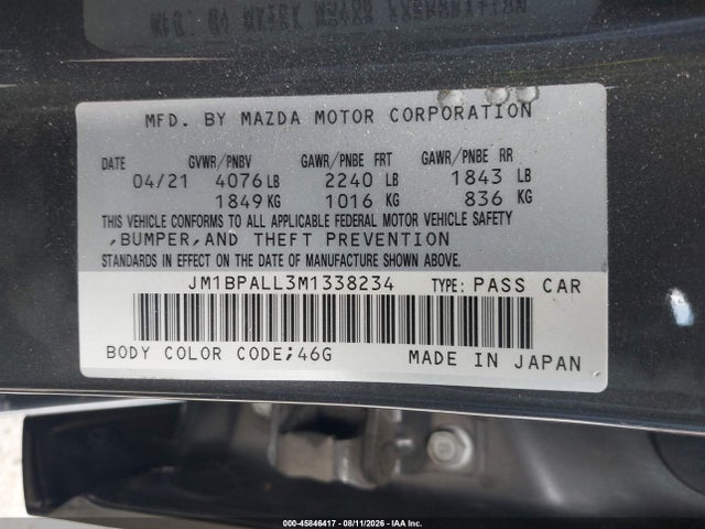Aukcja sprzedaży 2021 Mazda Mazda3 Preferred, vin: JM1BPALL3M1338234, numer aukcji: 45846417