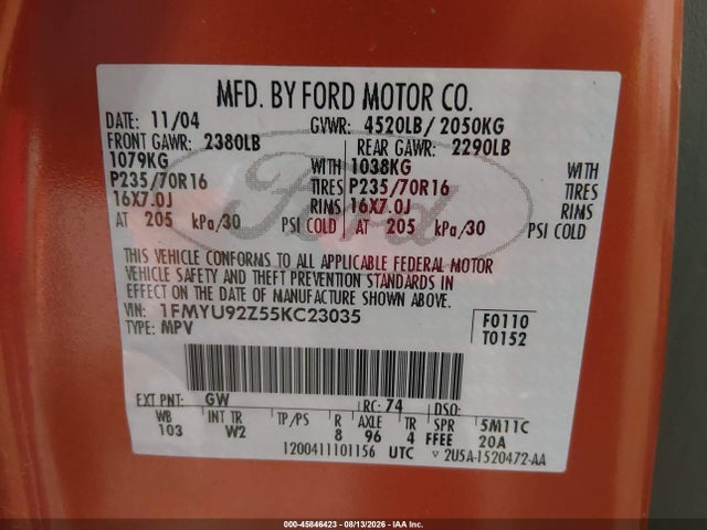 Продажа на аукционе авто 2005 Ford Escape Xls, vin: 1FMYU92Z55KC23035, номер лота: 45846423
