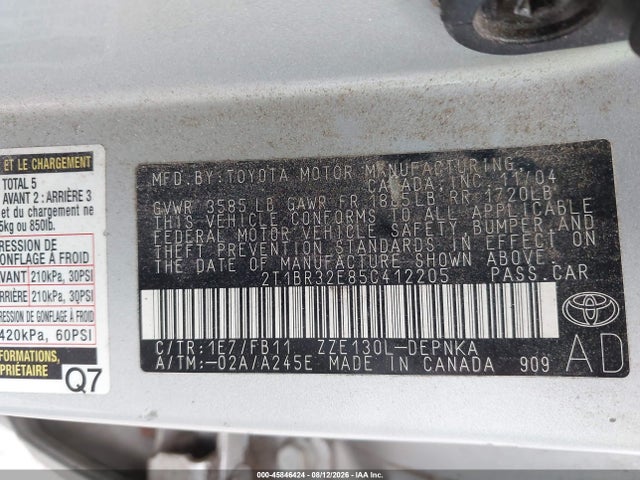Aukcja sprzedaży 2005 Toyota Corolla Le, vin: 2T1BR32E85C412205, numer aukcji: 45846424