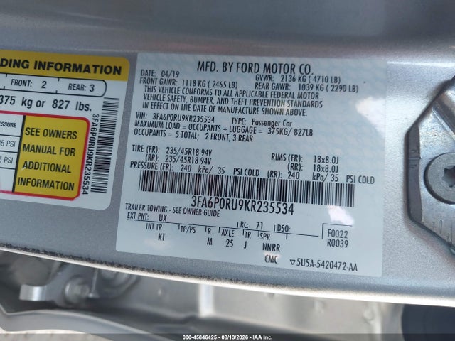 Ford Fusion Hybrid Titanium 2019 3FA6P0RU9KR235534 Image 9