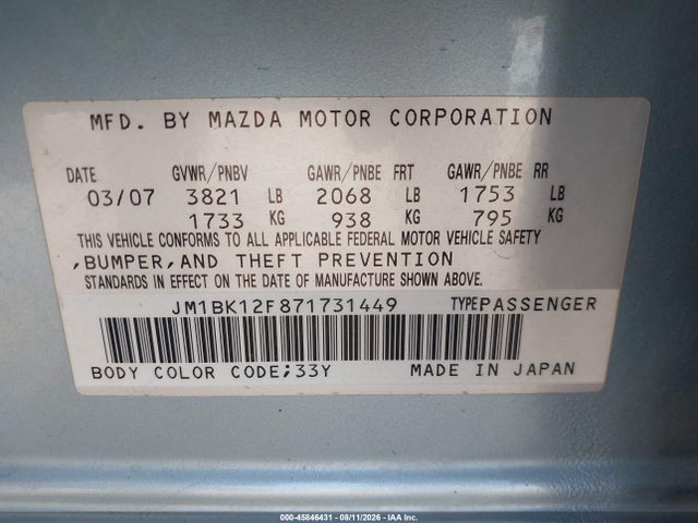 Aukcja sprzedaży 2007 Mazda Mazda3 I, vin: JM1BK12F871731449, numer aukcji: 45846431
