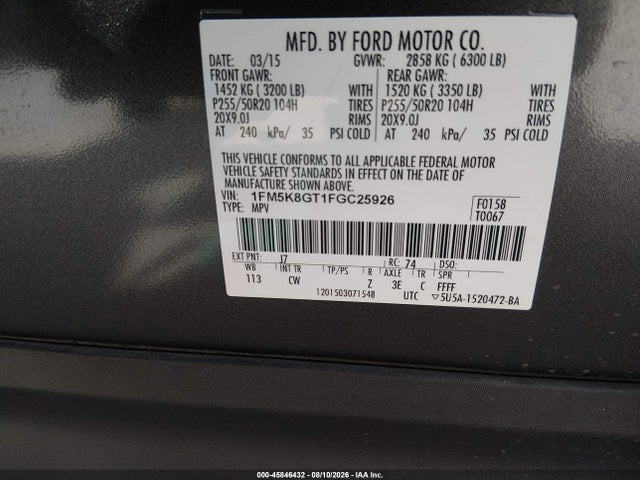 Ford EXPLORER SPORT 2015 1FM5K8GT1FGC25926 Image 9