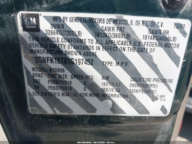 2001 Chevrolet Suburban 1500 Ls მანქანა იყიდება აუქციონზე, vin: 3GNFK16T81G197452, აუქციონის ნომერი: 45846440