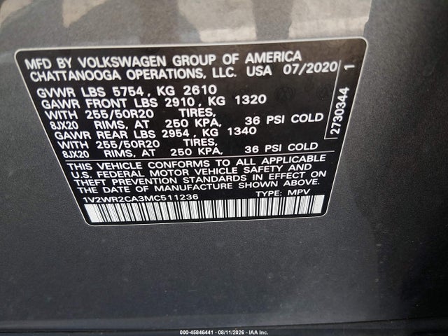 Aukcja sprzedaży 2021 Volkswagen Atlas 3.6l V6 Se W/technology, vin: 1V2WR2CA3MC511236, numer aukcji: 45846441
