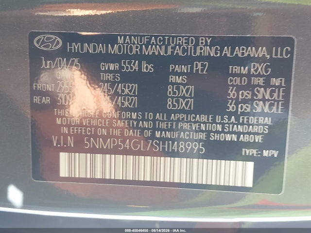 Aukcja sprzedaży 2025 Hyundai Santa Fe Calligraphy, vin: 5NMP54GL7SH148995, numer aukcji: 45846450