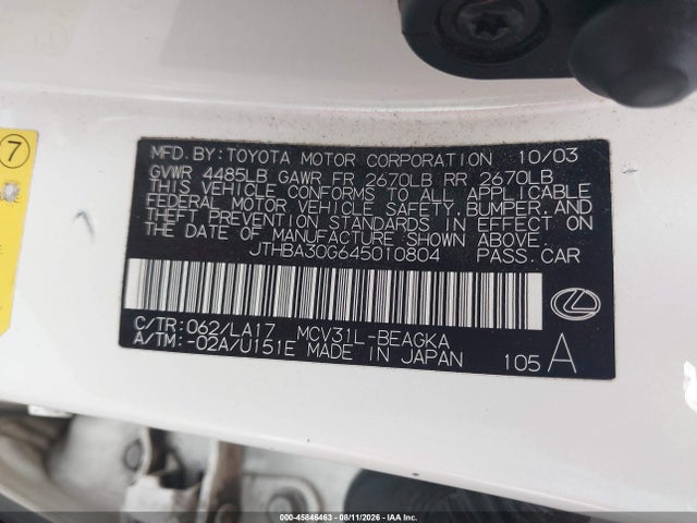 Продажа на аукционе авто 2004 Lexus Es 330, vin: JTHBA30G645010804, номер лота: 45846463