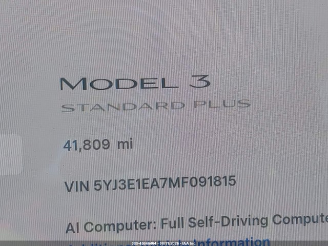 Aukcja sprzedaży 2021 Tesla Model 3 Standard Range Plus Rear-wheel Drive, vin: 5YJ3E1EA7MF091815, numer aukcji: 45846464