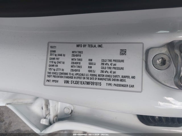 Aukcja sprzedaży 2021 Tesla Model 3 Standard Range Plus Rear-wheel Drive, vin: 5YJ3E1EA7MF091815, numer aukcji: 45846464