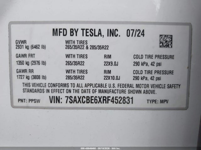 Aukcja sprzedaży 2024 Tesla Model X Plaid Tri Motor All-wheel Drive, vin: 7SAXCBE6XRF452831, numer aukcji: 45846468