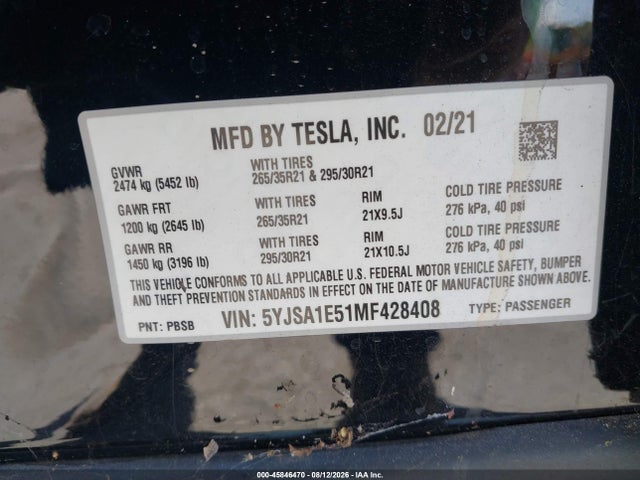 Tesla Model S Long Range Dual Motor All-wheel Drive 2021 5YJSA1E51MF428408 Image 9