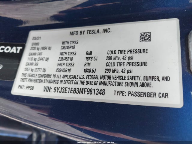 Продаж на аукціоні авто 2021 Tesla Model 3 Long Range, vin: 5YJ3E1EB3MF981348, номер лоту: 45846479