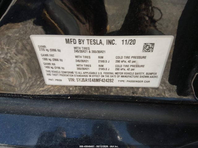 Продаж на аукціоні авто 2021 Tesla Model S Performance Dual Motor All-wheel Drive, vin: 5YJSA1E48MF424282, номер лоту: 45846481