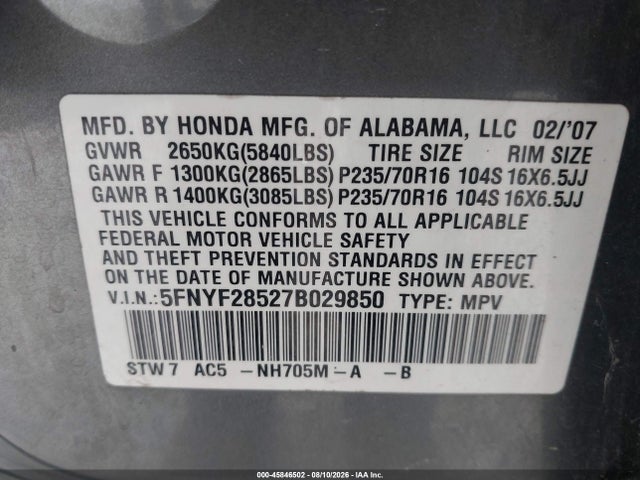 Aukcja sprzedaży 2007 Honda Pilot Ex-l, vin: 5FNYF28527B029850, numer aukcji: 45846502
