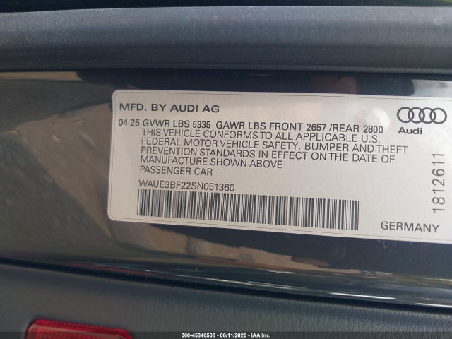 45846508 :رقم المزاد ، WAUE3BF22SN051360 vin ، 2025 Audi A6 Premium Plus 45 Tfsi Quattro S Tronic مزاد بيع