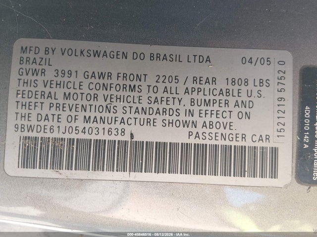 Продаж на аукціоні авто 2005 Volkswagen Gti 1.8t, vin: 9BWDE61J054031638, номер лоту: 45846516