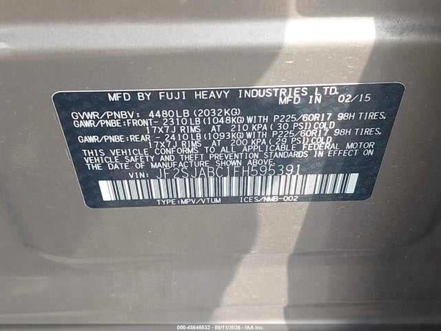 2015 Subaru Forester 2.5i მანქანა იყიდება აუქციონზე, vin: JF2SJABC1FH595391, აუქციონის ნომერი: 45846532