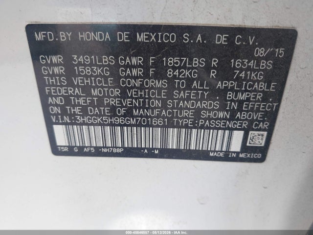 Продаж на аукціоні авто 2016 Honda Fit Ex-l, vin: 3HGGK5H96GM701661, номер лоту: 45846557