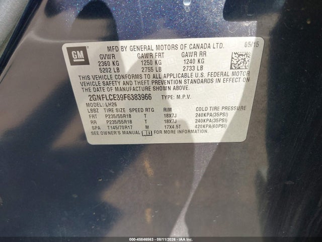 Aukcja sprzedaży 2015 Chevrolet Equinox Lt, vin: 2GNFLCE39F6383966, numer aukcji: 45846563