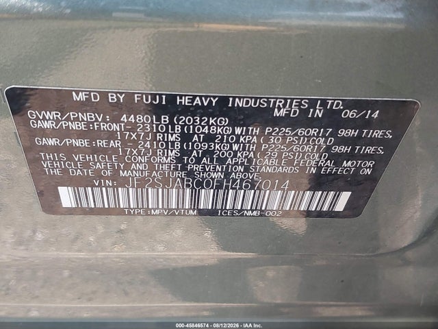 Продажа на аукционе авто 2015 Subaru Forester 2.5i, vin: JF2SJABC0FH467014, номер лота: 45846574
