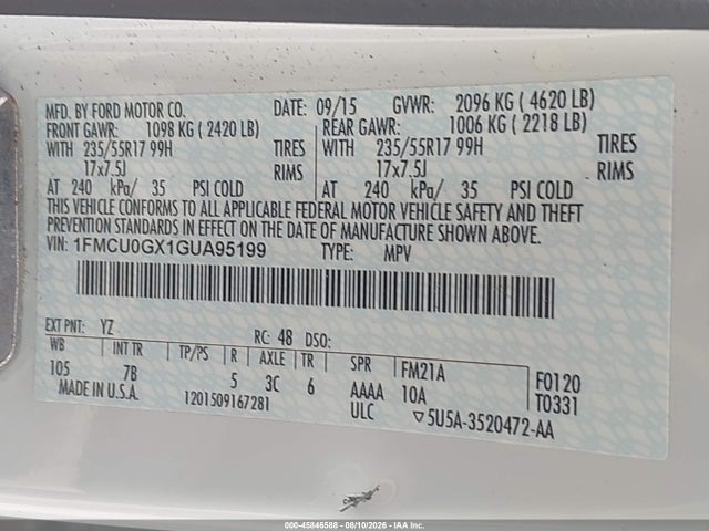 Продаж на аукціоні авто 2016 Ford Escape Se, vin: 1FMCU0GX1GUA95199, номер лоту: 45846588