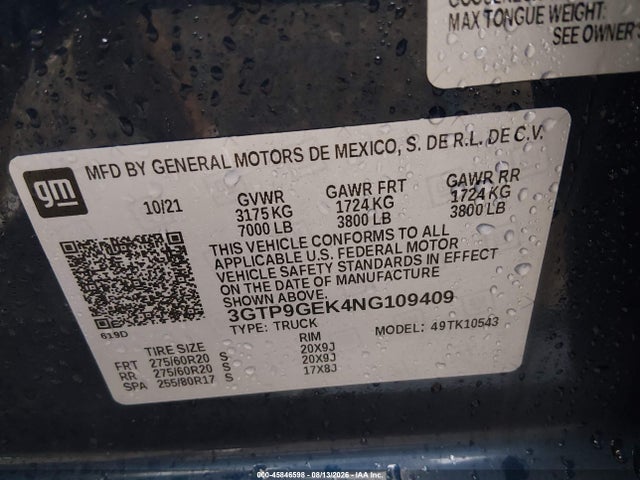 Продажа на аукционе авто 2022 Gmc Sierra 1500 Limited 4wd  Short Box Elevation With 3vl, vin: 3GTP9GEK4NG109409, номер лота: 45846598