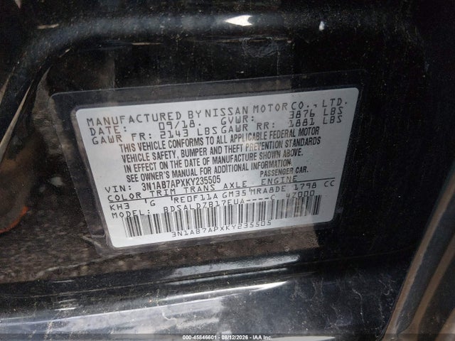 2019 Nissan Sentra Sv მანქანა იყიდება აუქციონზე, vin: 3N1AB7APXKY235505, აუქციონის ნომერი: 45846601
