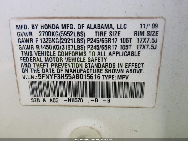 Продажа на аукционе авто 2010 Honda Pilot Ex-l, vin: 5FNYF3H55AB015616, номер лота: 45846603