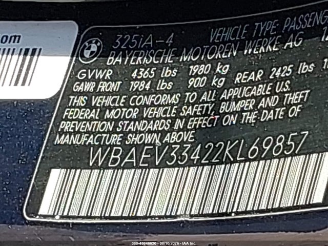 Продажа на аукционе авто 2002 Bmw 325i, vin: WBAEV33422KL69857, номер лота: 45846620