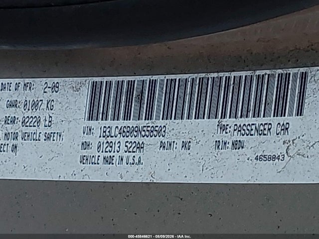45846621 :رقم المزاد ، 1B3LC46B09N558503 vin ، 2009 Dodge Avenger Se/sxt مزاد بيع