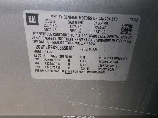45846631 :رقم المزاد ، 2GKFLREK2C6356160 vin ، 2012 Gmc Terrain Sle-1 مزاد بيع