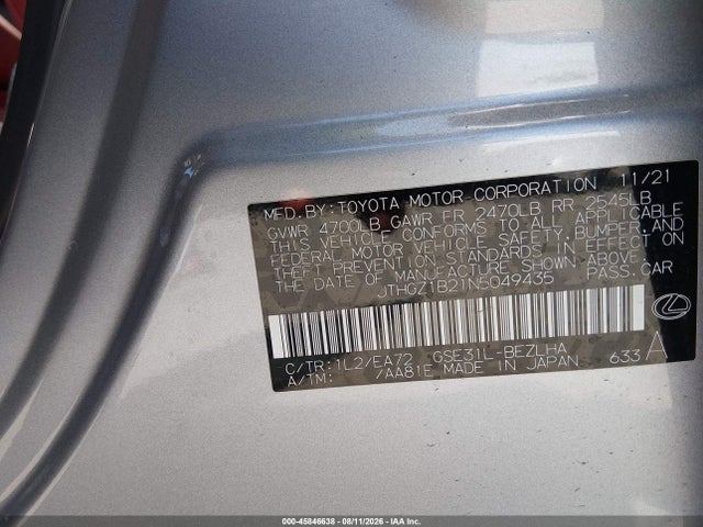 Aukcja sprzedaży 2022 Lexus Is 350 F Sport, vin: JTHGZ1B21N5049435, numer aukcji: 45846638