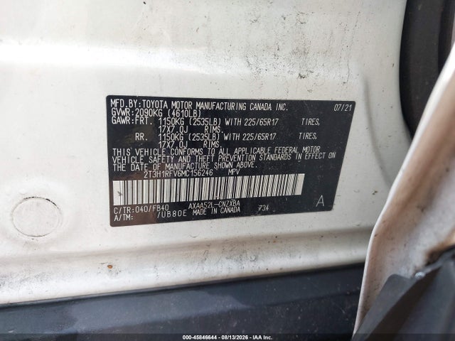 Продаж на аукціоні авто 2021 Toyota Rav4 Le, vin: 2T3H1RFV6MC156246, номер лоту: 45846644