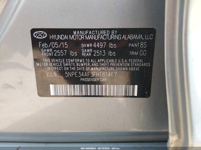 2015 Hyundai Sonata Sport მანქანა იყიდება აუქციონზე, vin: 5NPE34AF3FH181467, აუქციონის ნომერი: 45846654