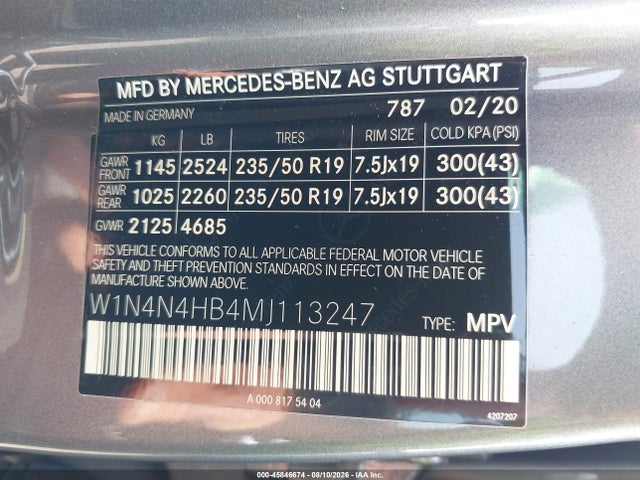 Aukcja sprzedaży 2021 Mercedes-benz Gla 250 4matic, vin: W1N4N4HB4MJ113247, numer aukcji: 45846674