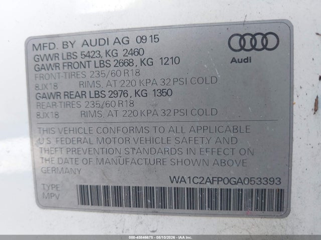 Aukcja sprzedaży 2016 Audi Q5 2.0t Premium, vin: WA1C2AFP0GA053393, numer aukcji: 45846675