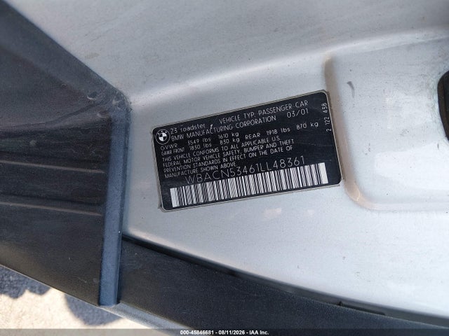 45846681 :رقم المزاد ، WBACN53461LL48361 vin ، 2001 Bmw Z3 3.0i مزاد بيع